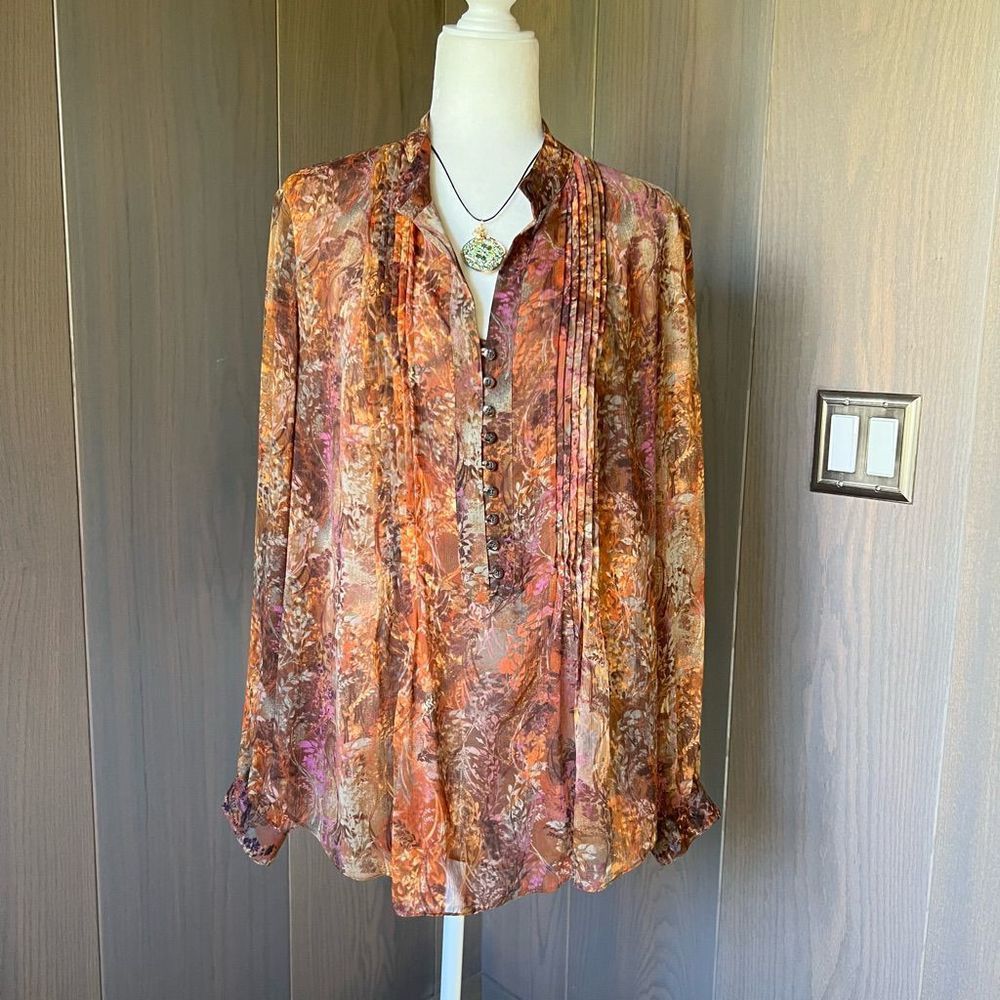 COLDWATER CREEK Fall Leaves Vine Printed Blouse 1X